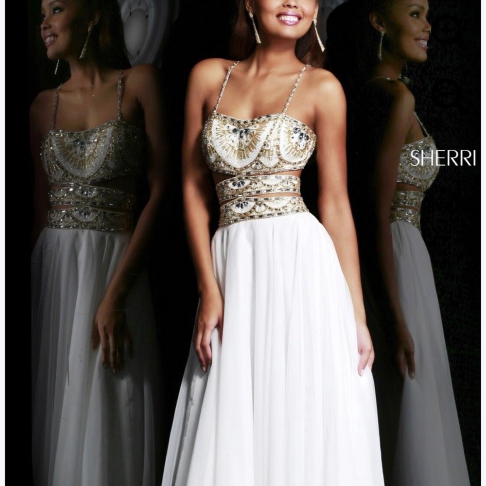 White beaded A line gown by SHERRI HILL